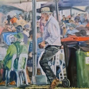 Man Dancing By Rubbish Bin At Festival