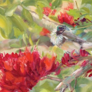 Close-up image of Noisy Friarbird In Drunken Parrot Tree Greeting Card which is from the original painting by Jo S Stacey