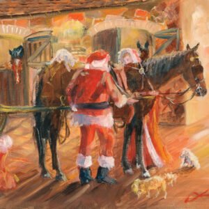 Close up image of Jo S Stacey's greeting card of her painting The Night the Reindeer Went on Strike